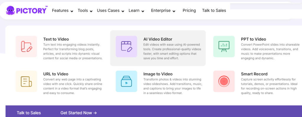 Pictory AI dashboard showing dashboard